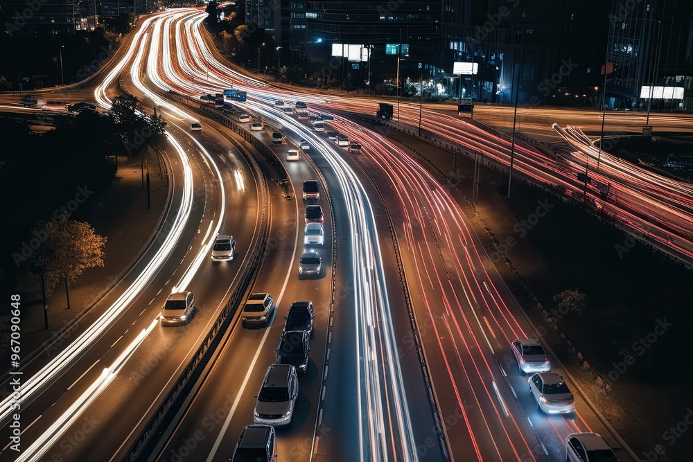 Φωτογραφία Bird�s-eye View of Traffic Congestion with Luminescent Light Trails on a Multi-l