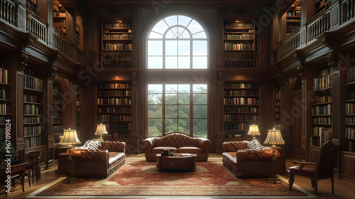 Grand Home Library with Leather Furniture, Bookshelves, and Large Window