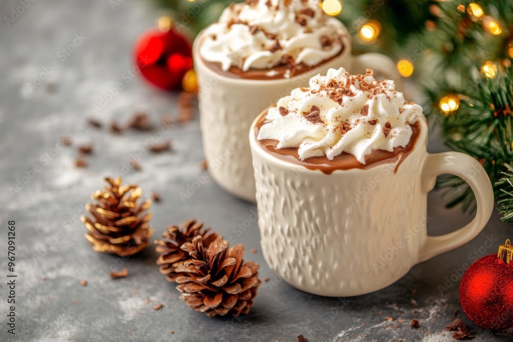 Two Cups of Hot Chocolate Topped with Whipped Cream and Chocolate Shavings Two Cups of Hot Chocolate Topped with Whipped Cream and Chocolate Shavings