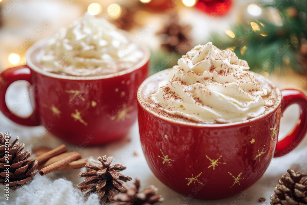Two Cups of Hot Chocolate with Whipped Cream and Cocoa Powder on a White Surface Two Cups of Hot Chocolate with Whipped Cream and Cocoa Powder on a White Surface