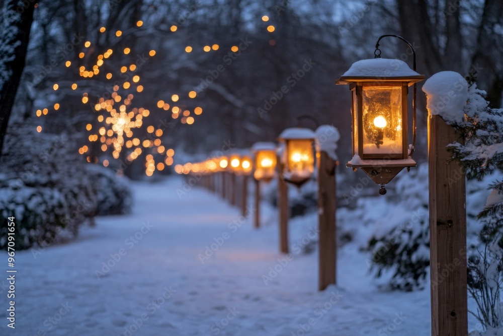 Snowy Pathway Illuminated by Glowing Lanterns Snowy Pathway Illuminated by Glowing Lanterns