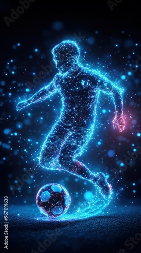 A sports player trains with a holographic digital coach projection, engaging in interactive training using futuristic technology that enhances performance and provides real-time feedback.