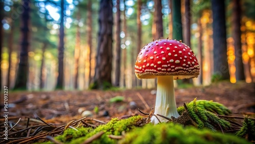 Wild forest with fly agaric mushrooms, leading lines