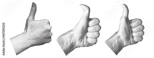 Set of human hands gestures with retro photocopy effect. Thumbs up. Y2k collage design.