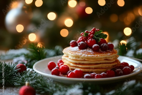 Christmas Pancakes with Cranberries and Powdered Sugar photo