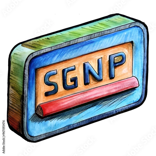 A vibrant 3D element featuring the text SGNP displayed on a rectangular  colorful sign. photo