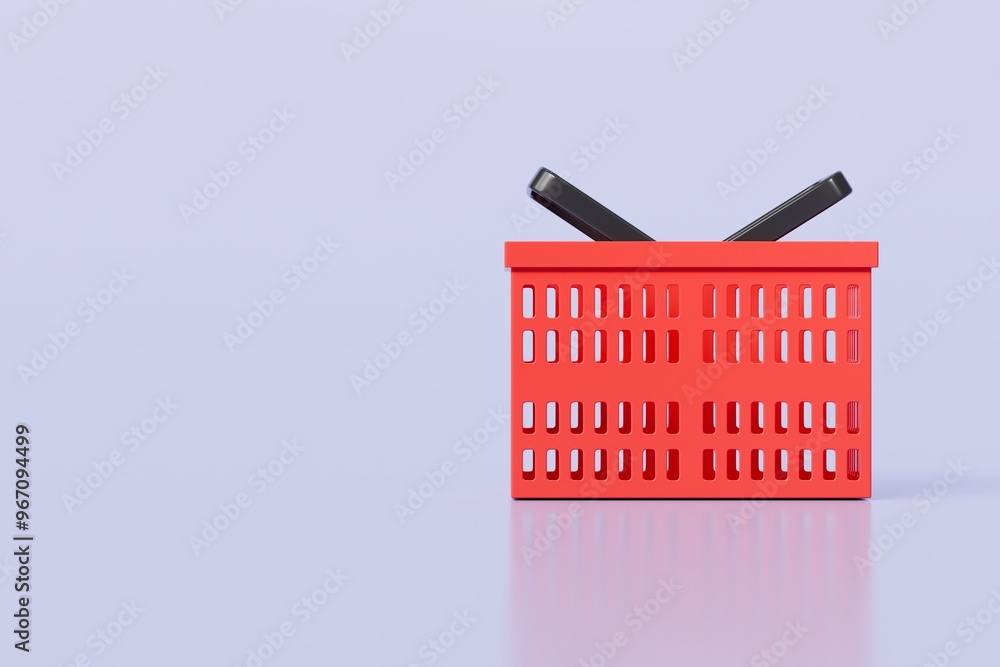 Fototapeta premium 3D Red Shopping basket icon isolated on purple background. Online Shopping Concept, E-Commerce logistic delivery Concept. Minimal Empty red shopping basket plastic icon creative design. 3d render.