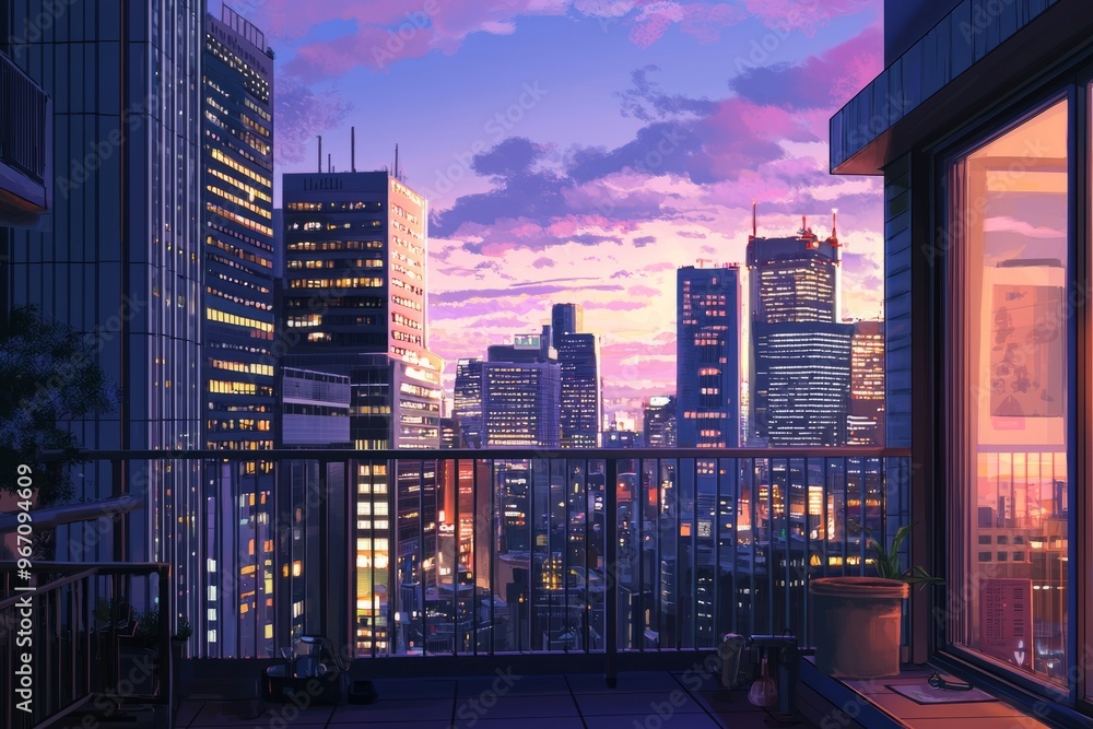 A Tranquil City Balcony With A View Of Twinkling City Lights And A Comfortable Bench. Cozy Vibe, Generative AI A Tranquil City Balcony With A View Of Twinkling City Lights And A Comfortable Bench. Cozy Vibe, Generative AI