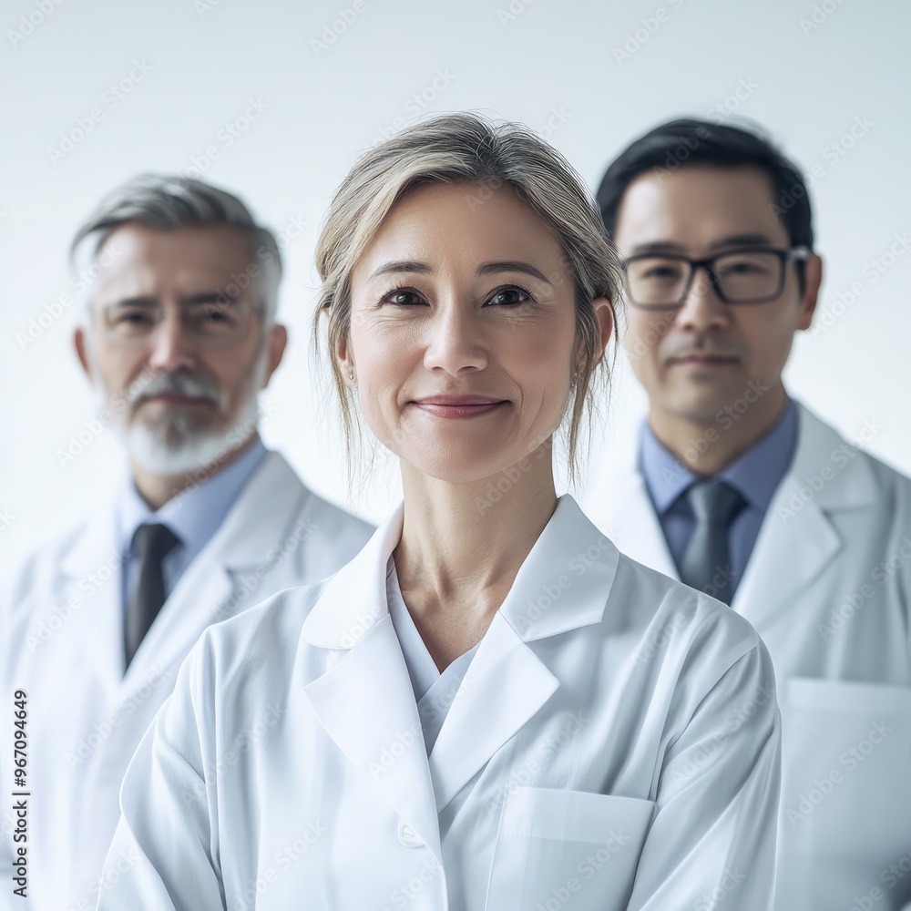 Portrait of three medical staff. Grey background Portrait of three medical staff. Grey background