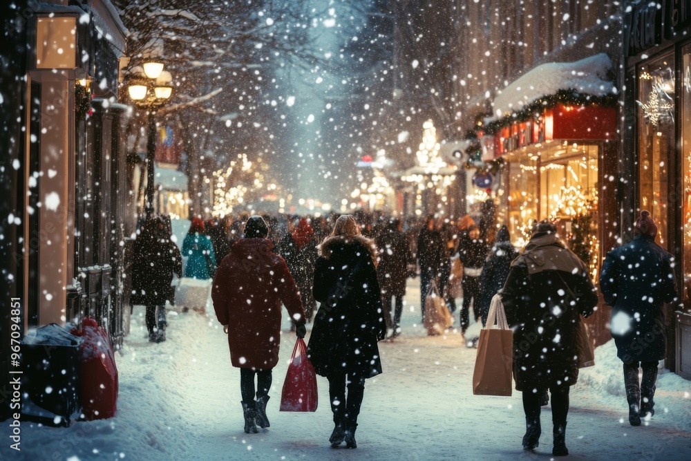 Obraz premium Snowy Night Street Scene with People and Storefronts