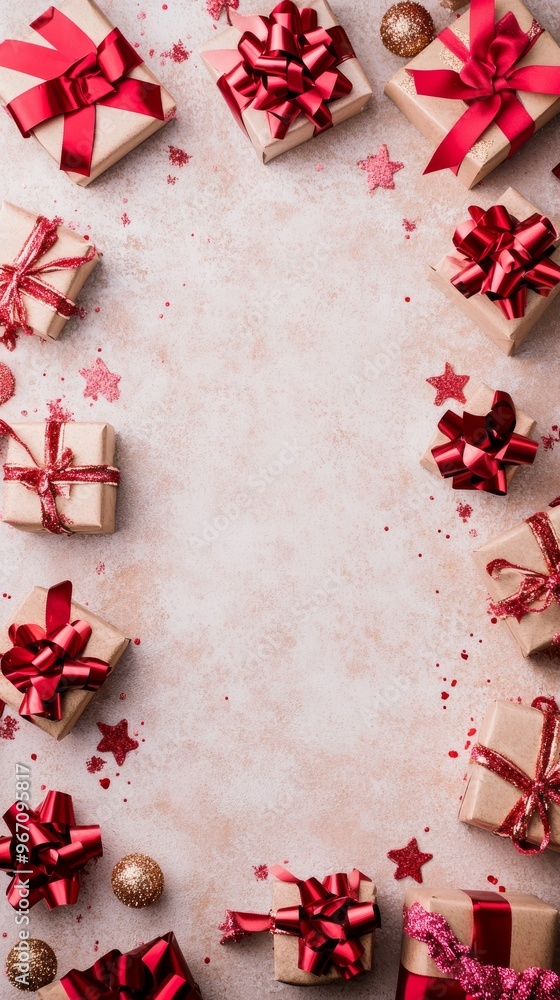 Christmas gifts with red bows and stars on a beige background Christmas gifts with red bows and stars on a beige background