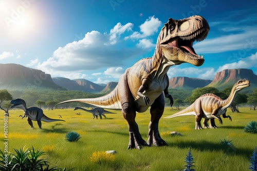 Dinosaurs Exploring Vibrant Triassic Meadows with a Brilliant Blue Sky: A Look into Ancient Ecology and Biodiversity photo