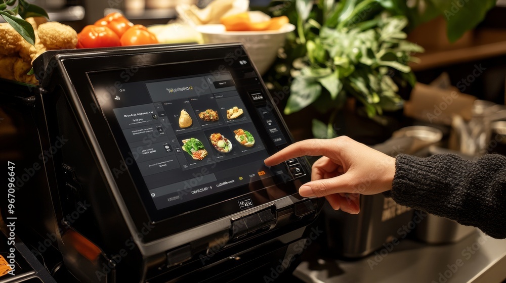 Cashier Hand Using Touchscreen POS Terminal With Display Showing Menu In Restaurant Or Grocery Store Cashier Hand Using Touchscreen POS Terminal With Display Showing Menu In Restaurant Or Grocery Store