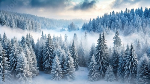 Winter forest landscape path and trees covered with snow in foggy forest Close-Up