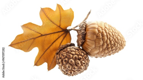 A detailed image of an acorn, highlighting its distinctive features such as the nut and the cap. The acorn is depicted with a clear view of its texture and shape, 