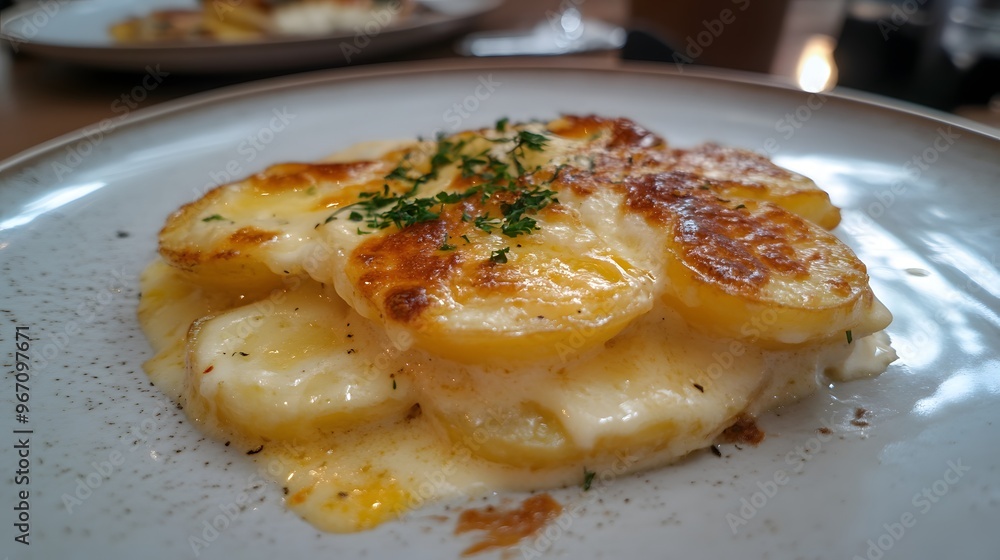 62. A plate of creamy and cheesy scalloped potatoes with a golden crust 62. A plate of creamy and cheesy scalloped potatoes with a golden crust