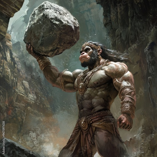 A muscular, humanoid monkey with long hair, wearing an ornate necklace and loincloth, lifts a massive boulder over his head. photo