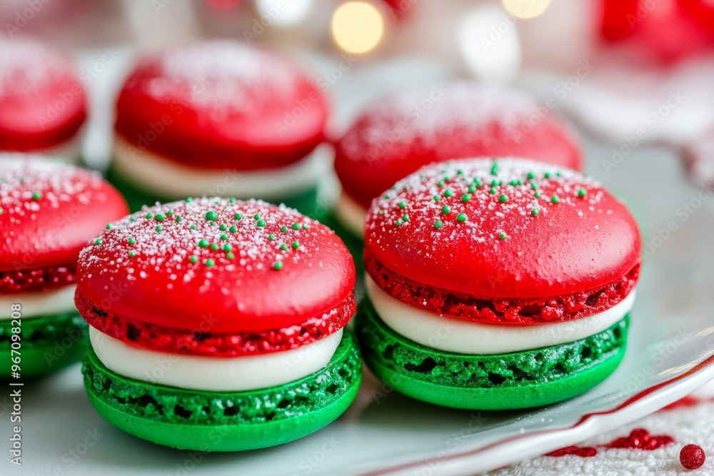 Christmas-Themed Red, White, and Green Macarons with Green Sprinkles Christmas-Themed Red, White, and Green Macarons with Green Sprinkles