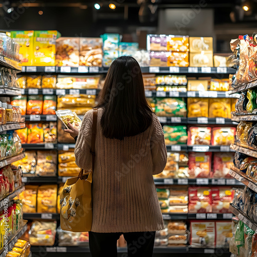 Woman Shopping for Groceries in Supermarket, Browsing Aisle