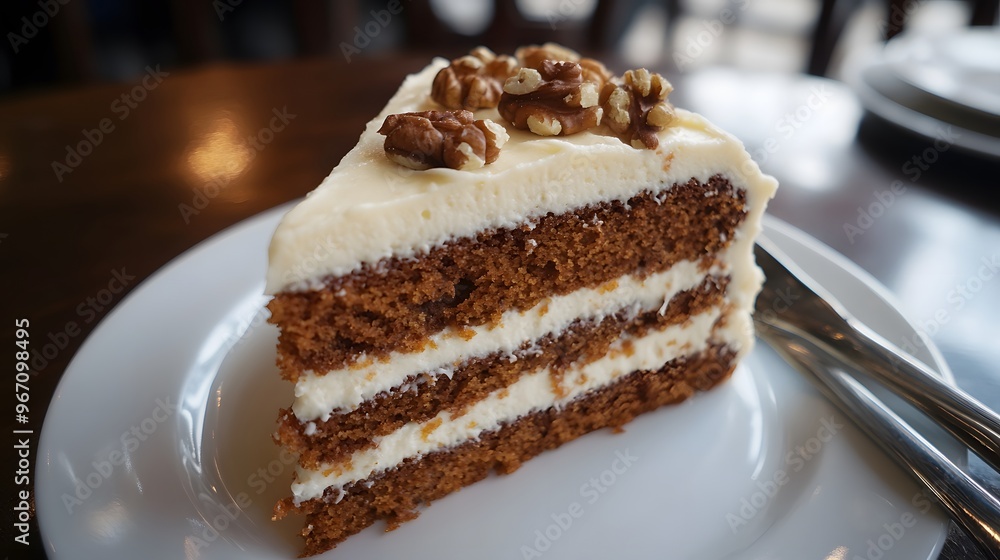 67. A slice of decadent carrot cake with cream cheese frosting and walnuts 67. A slice of decadent carrot cake with cream cheese frosting and walnuts