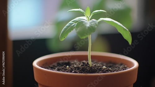 A Single Green Sprout Emerging From Soil in a Terracotta Pot photo