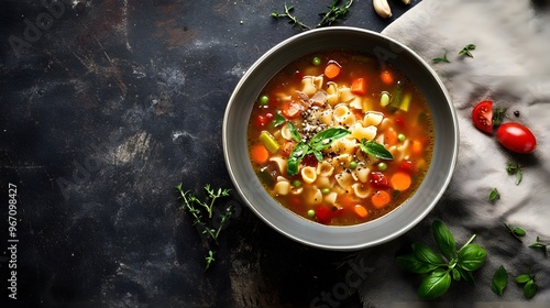 66. A bowl of warm and comforting minestrone soup with vegetables and pasta