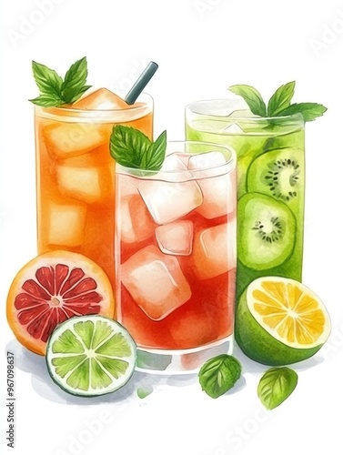 Agua fresca clipart, Hispanic drink, watercolor illustration, sharp details, fresh fruit flavors, isolated on white background