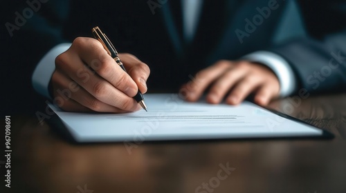 A legal contract being signed, with a focus on the ethical implications and adherence to justice in the agreement photo