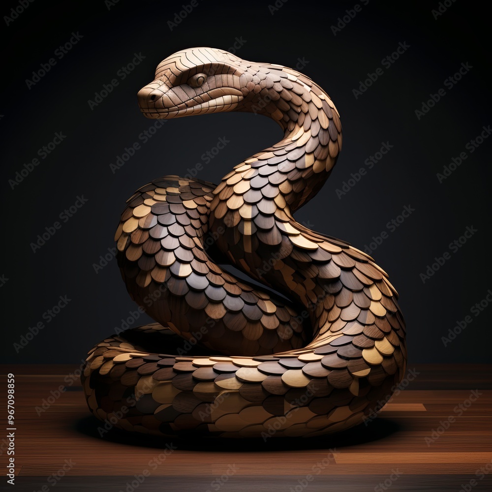 A wood sculpture of a lifelike snake with intricate scales and sharp fangs. Against a black background, it embodies both danger and grace, ideal for nature and wildlife themes. A wood sculpture of a lifelike snake with intricate scales and sharp fangs. Against a black background, it embodies both danger and grace, ideal for nature and wildlife themes.