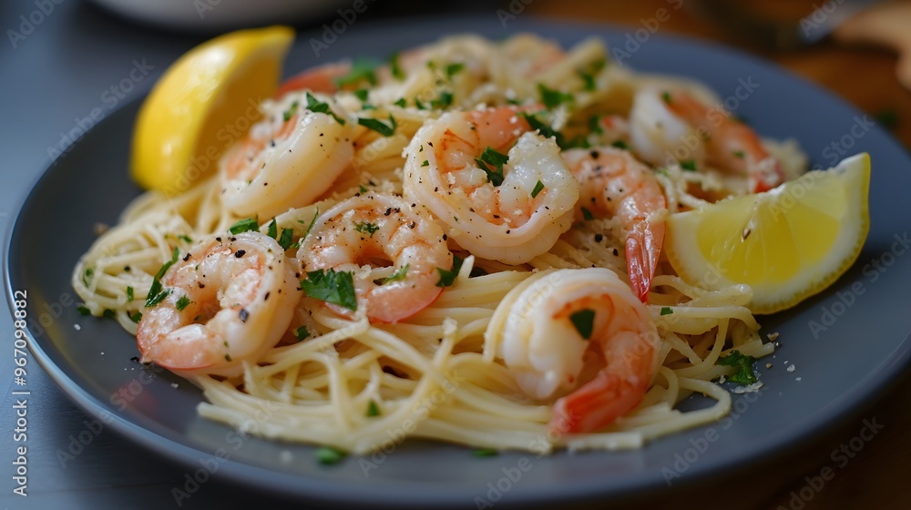 71. A plate of perfectly cooked shrimp scampi with garlic, lemon, and pasta 71. A plate of perfectly cooked shrimp scampi with garlic, lemon, and pasta