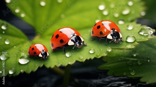 A ladybug on the grass or a leaf with dew drops on it. Three ladybugs with umbrellas walking on the grass