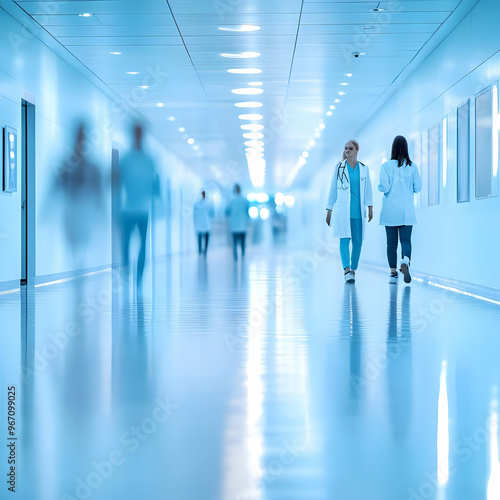 Walking Through a Bright Hospital Hallway: Doctors and Healthcare Workers