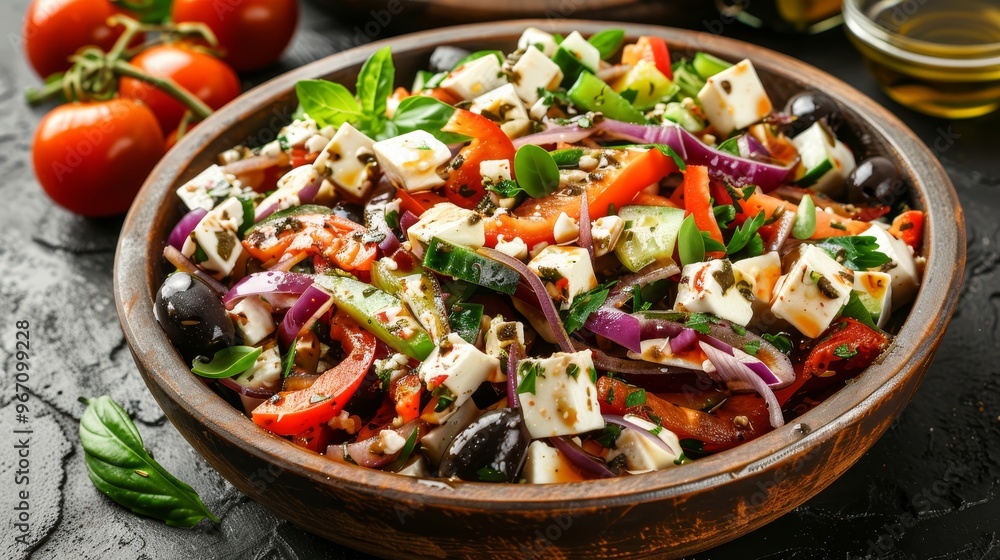 Classic Greek Salad in Rustic Bowl Feta Cheese, Vegetables, and Olives on a Slate Background Classic Greek Salad in Rustic Bowl Feta Cheese, Vegetables, and Olives on a Slate Background