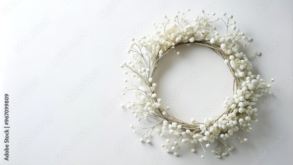 Obraz premium Winter wreath of white flowers and bare branches on minimalist white background