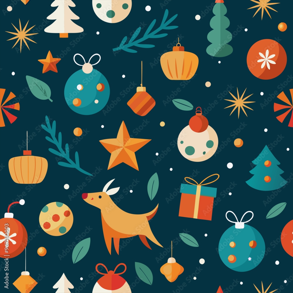 Seamless vector pattern with Christmas deer and fawn, pine tree branch, berry and leaf. Perfect for textile, wallpaper or print design. Seamless vector pattern with Christmas deer and fawn, pine tree branch, berry and leaf. Perfect for textile, wallpaper or print design.