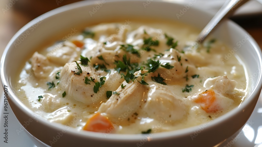 78. A bowl of creamy chicken and dumplings with tender chicken and fluffy dumplings 78. A bowl of creamy chicken and dumplings with tender chicken and fluffy dumplings