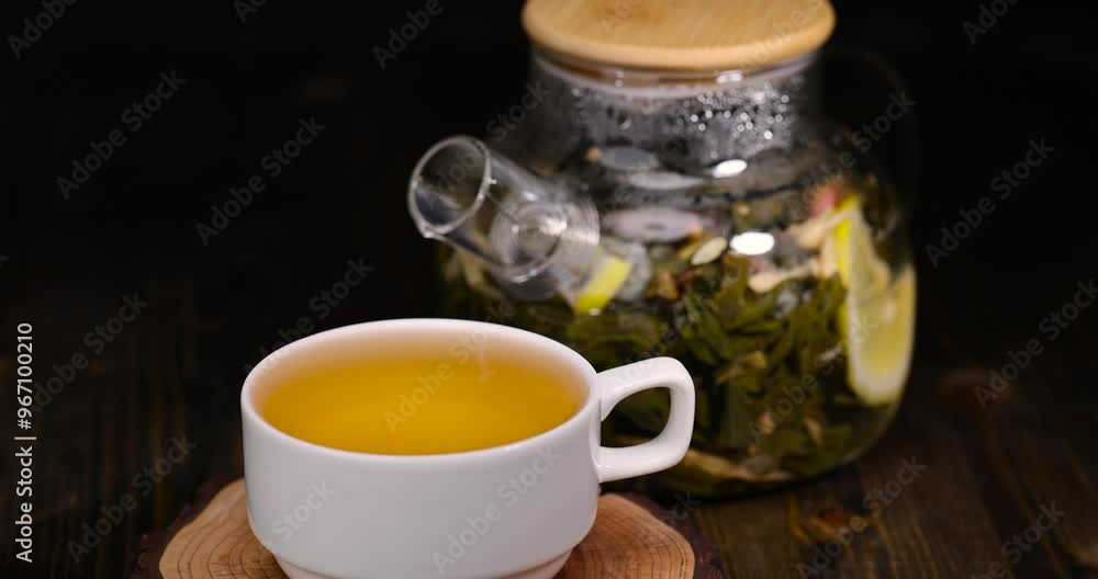 making green tea in a glass teapot with lemon and mint, transparent teapot with mint, lemon, ginger and green tea making green tea in a glass teapot with lemon and mint, transparent teapot with mint, lemon, ginger and green tea