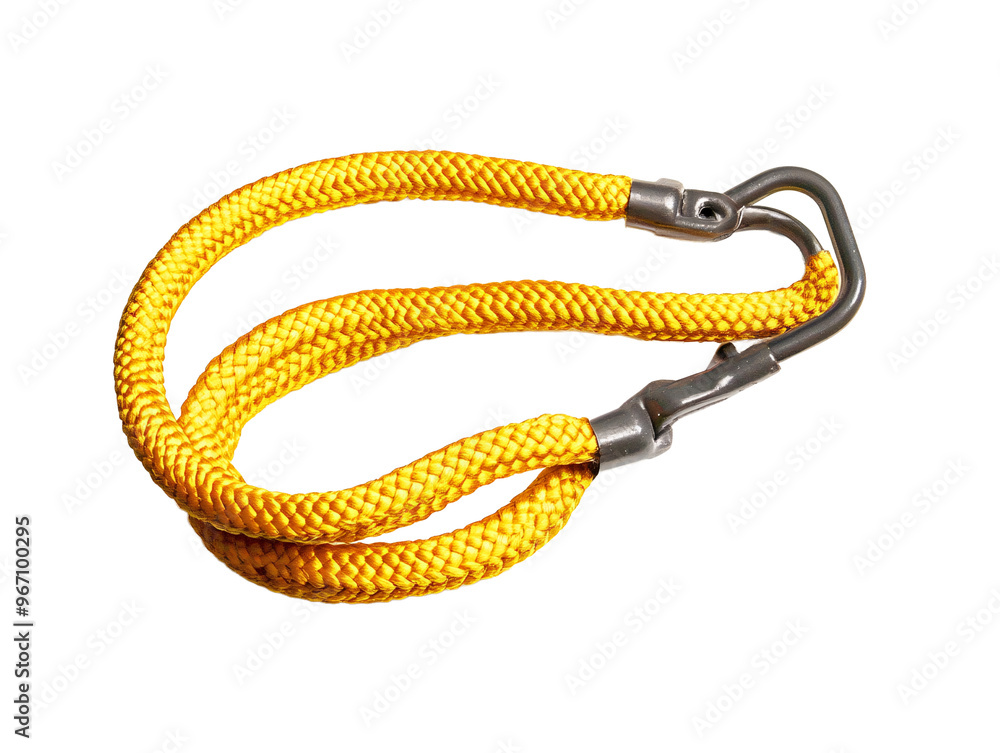 a yellow rope with a metal hook a yellow rope with a metal hook