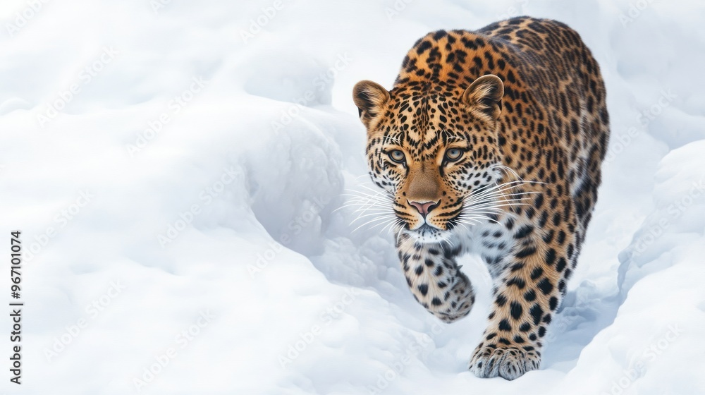 Naklejka premium A Leopard Walking Through a Snowy Landscape