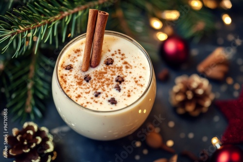 Eggnog with Cinnamon Sticks and Spices, Festive Setting