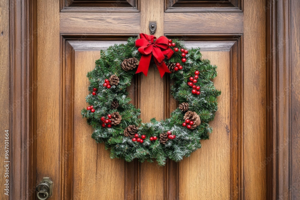 Christmas Wreath Adorned with Red Berries and Pine Cones Hanging on a Wooden Door Christmas Wreath Adorned with Red Berries and Pine Cones Hanging on a Wooden Door