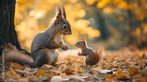 Squirrel with baby squirrel in autumn park 