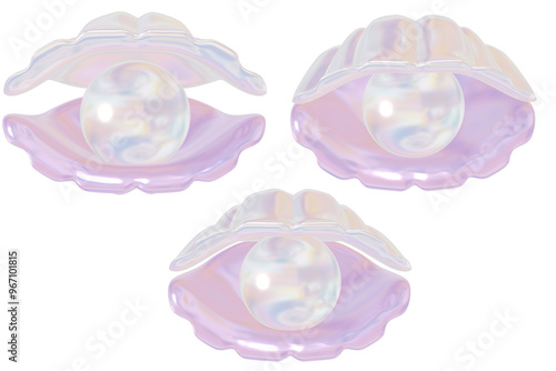 3d icon of shell and pearl holographic isolated on transparent background