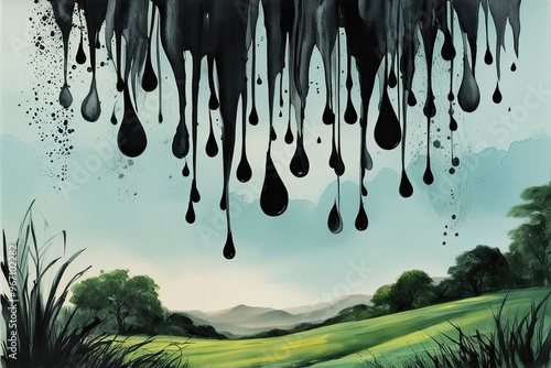 Whimsical Black Ink Cascading Droplets and Flowing Brush Textures on Idyllic Canvas