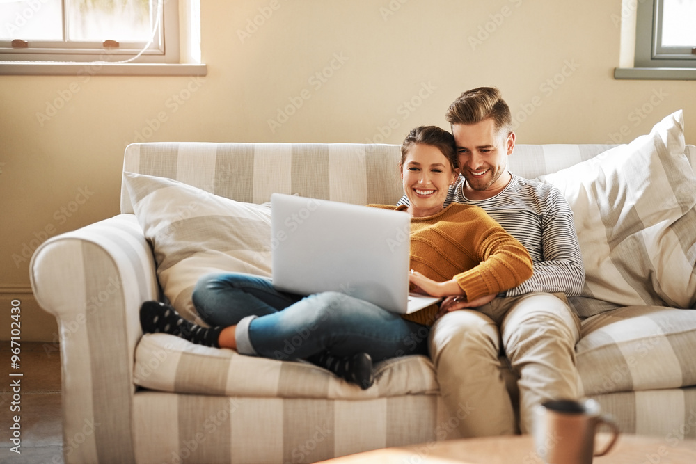 Laptop, research and relax with couple in living room for investment portfolio, application and bank loan. Future, technology and partnership with man and woman in home for real estate planning Laptop, research and relax with couple in living room for investment portfolio, application and bank loan. Future, technology and partnership with man and woman in home for real estate planning