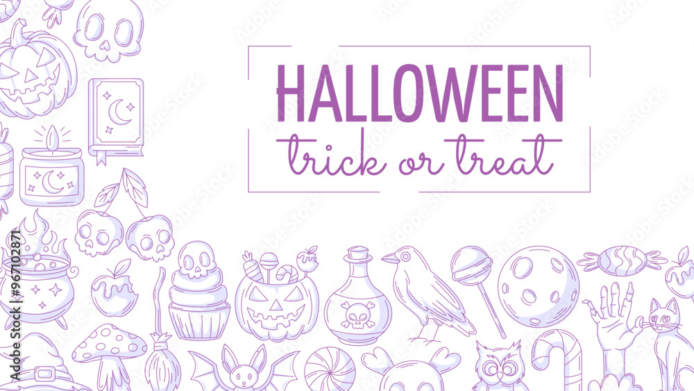 Halloween minimalist banner, horizontal background with spooky, scary icons. Flat vector illustration, monochrome purple corner border frame, holiday text. For festival, party, invitation, poster Halloween minimalist banner, horizontal background with spooky, scary icons. Flat vector illustration, monochrome purple corner border frame, holiday text. For festival, party, invitation, poster