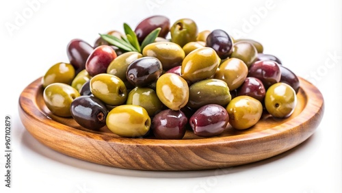 Wooden plate with olives on white background