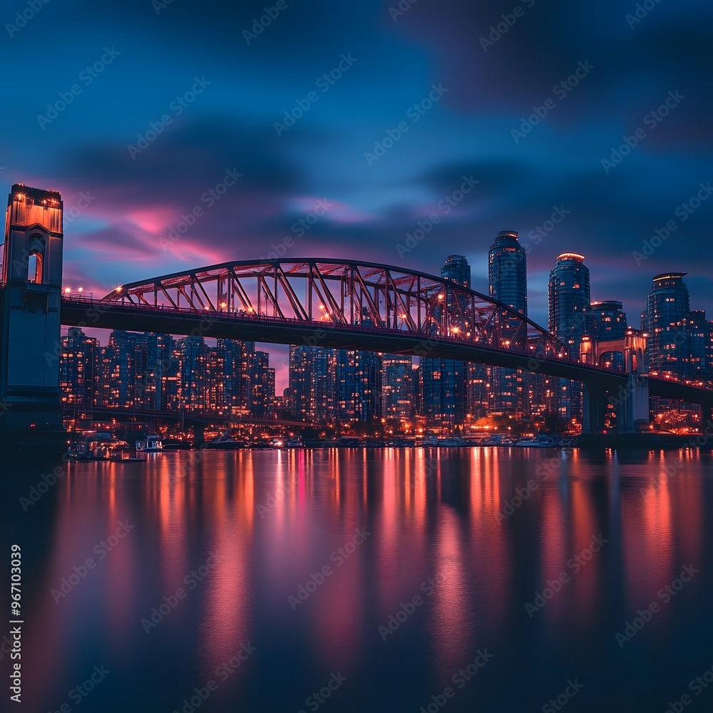 Fototapeta premium An iconic city bridge at dusk, captured in stunning travel photography with vibrant colors lighting the skyline.