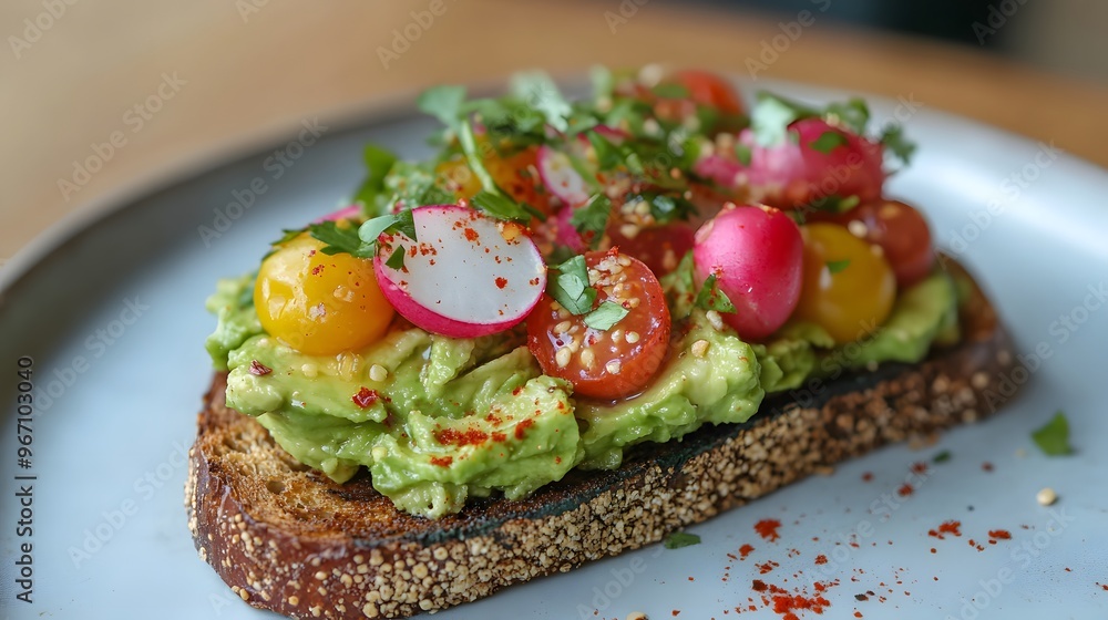 21. A vibrant avocado toast topped with cherry tomatoes, radishes, and a sprinkle of chili flakes 21. A vibrant avocado toast topped with cherry tomatoes, radishes, and a sprinkle of chili flakes
