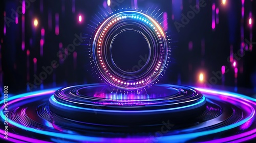 Black Friday sale, sleek podium with spinning discount signs and glowing lights, bold presentation, 3D illustration